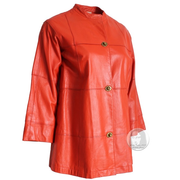 Bonnie Cashin for Sills Leather Jacket Kimono Sleeves Orange Zig Zag Edges Rare - Picture 3 of 9